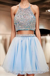 Two Pieces Light Blue Short High Neck Open Back Rhinestones Mid Section Sky Blue Semi Formal Prom Dresses